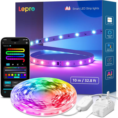 Lepro S1 AI Smart Rainbow LED Strip Light, 30 LEDs/M, Music Sync, Works with Alexa & Google Home, WiFi Bluetooth App Voice Control, AI Lighting Design Assistant, MagicColor LED Lights